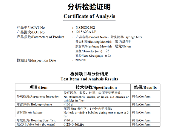 Nylon syringe filter COA